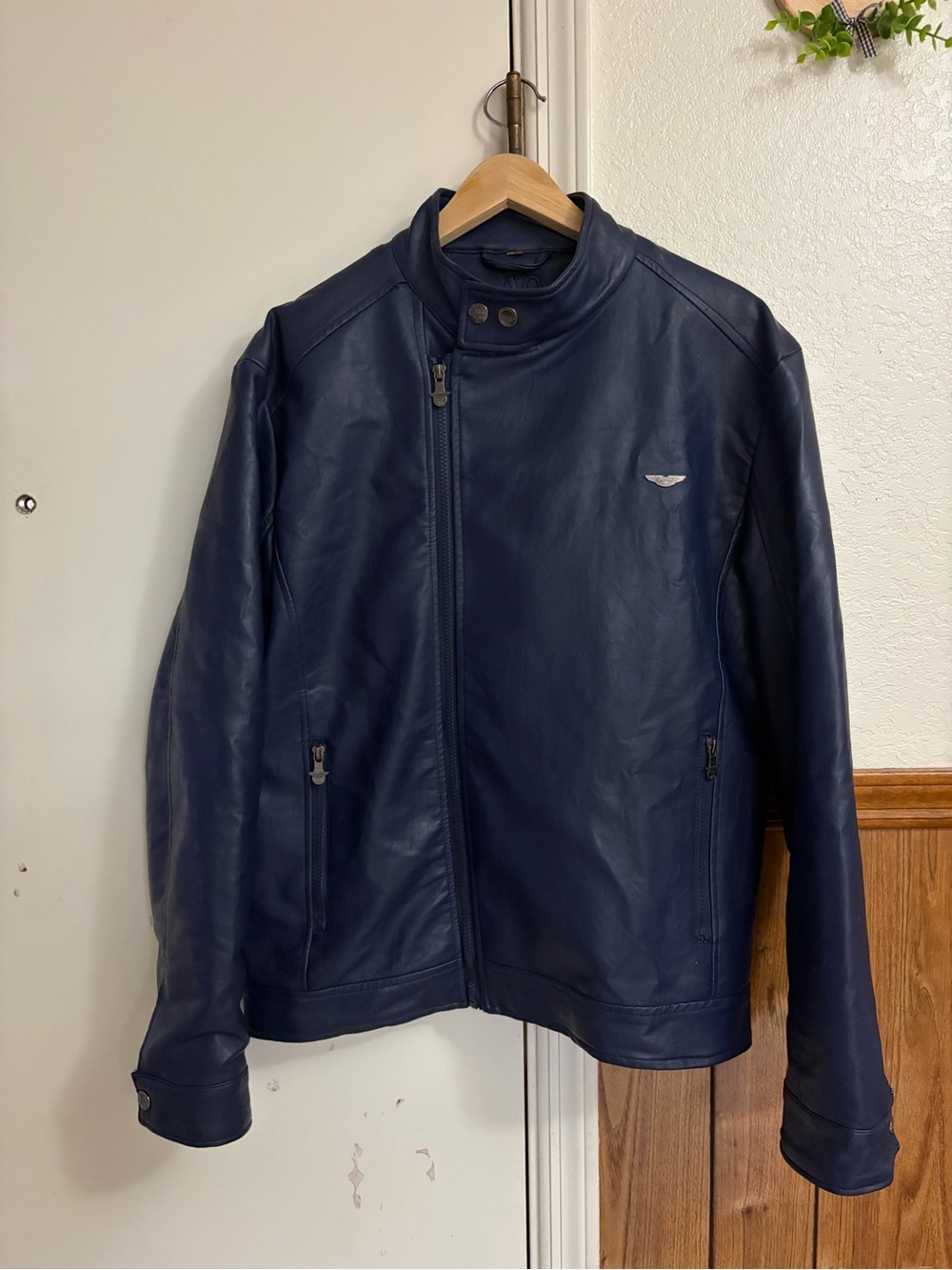 Men's Navy Blue Faux Leather Bomber Jacket with Stand Collar